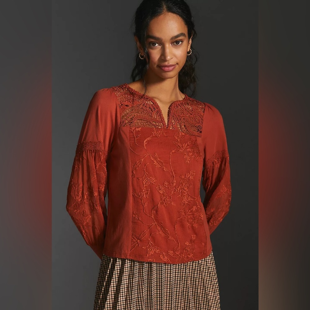 Anthropologie Tiny Noah embroidered blouse lace crochet long sleeve rust orange
